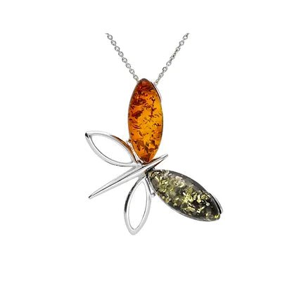 Sterling Silver Amber Cognac and Green Butterfly Pendant on Chain - NiaYou Jewellery