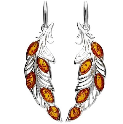 Sterling Silver Amber Feather / Leaf Drop Earrings 53 MM - NiaYou Jewellery