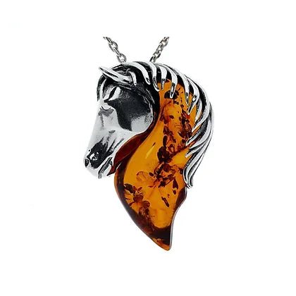 Sterling Silver Amber Horse Pendant on Chain - NiaYou Jewellery