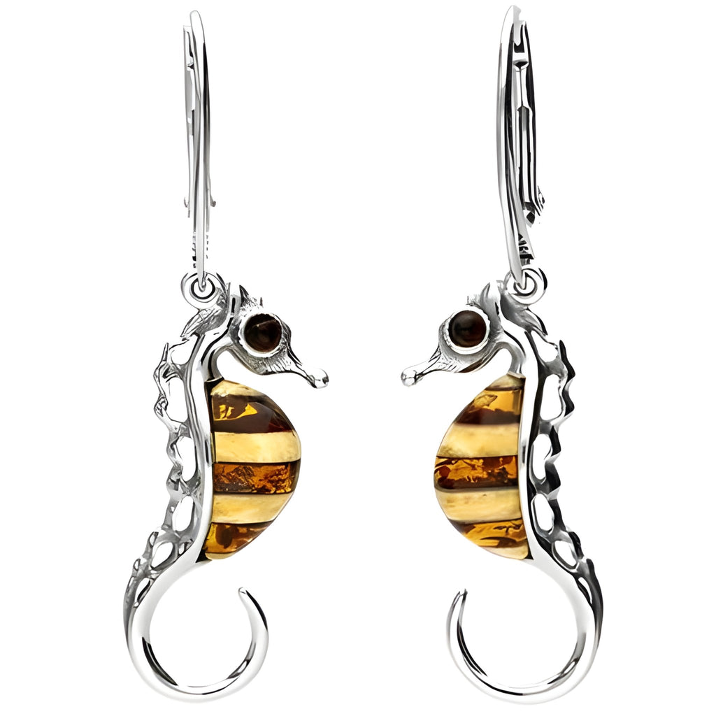 Sterling Silver Amber Seahorse Drop Earrings - NiaYou Jewellery