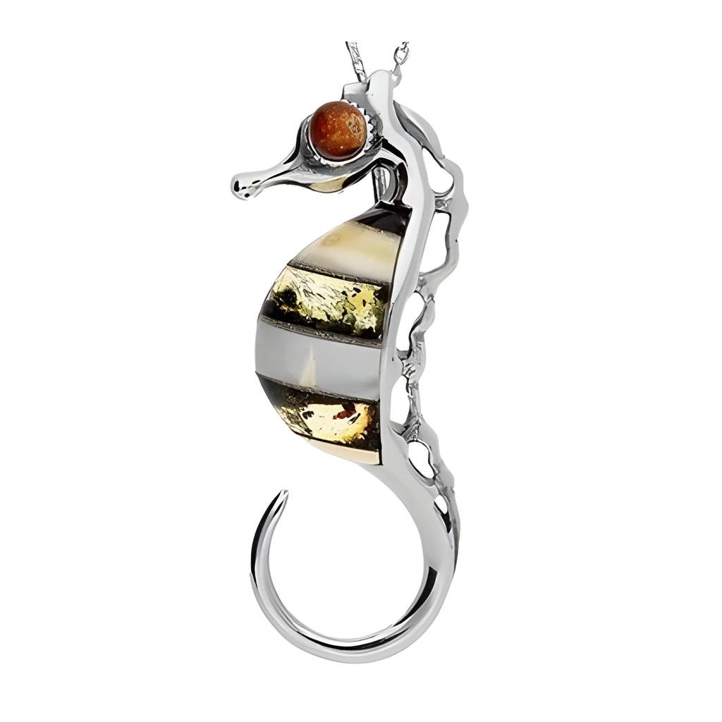 Sterling Silver Amber Seahorse Large Pendant with Chain - NiaYou Jewellery