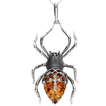 Sterling Silver Amber Spider Large Pendant with Chain - NiaYou Jewellery