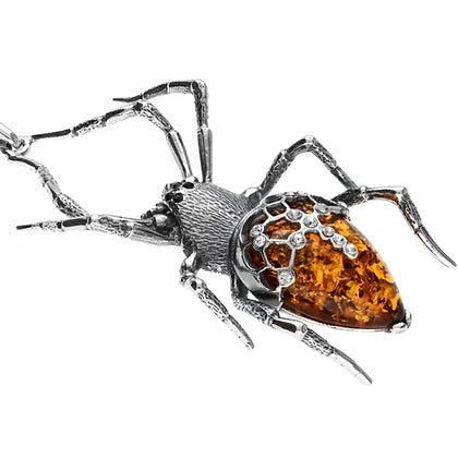 Sterling Silver Amber Spider Large Pendant with Chain - NiaYou Jewellery