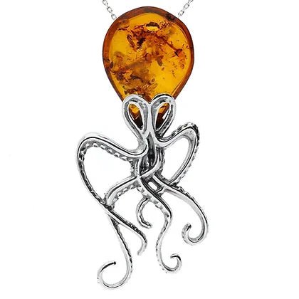 Sterling Silver and Amber Large Octopus Pendant with Chain - NiaYou Jewellery