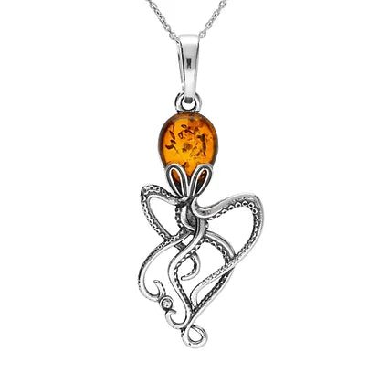 Sterling Silver and Amber Medium Octopus Pendant with Chain - NiaYou Jewellery