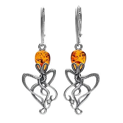 Sterling Silver and Cognac Amber Octopus Drop Earrings - NiaYou Jewellery