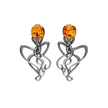 Sterling Silver and Cognac Amber Octopus Stud Earrings - NiaYou Jewellery