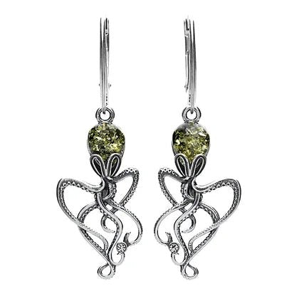 Sterling Silver and Green Amber Octopus Drop Earrings - NiaYou Jewellery