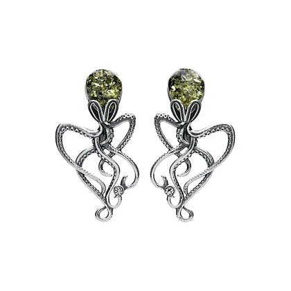 Sterling Silver and Green Amber Octopus Stud Earrings - NiaYou Jewellery