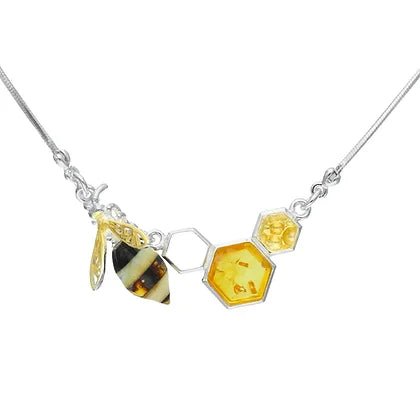 Sterling Silver and Natural Amber Bee with Honeycomb Necklace - NiaYou Jewellery