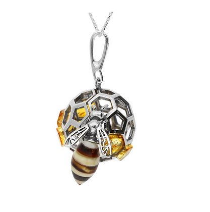 Sterling Silver and Natural Amber Bee with Honeycomb Pendant - NiaYou Jewellery