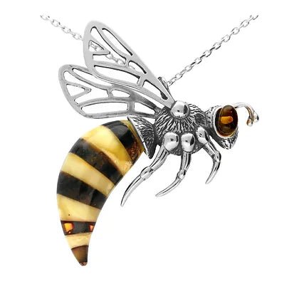 Sterling Silver and Natural Amber Wasp Bee Large Pendant - NiaYou Jewellery