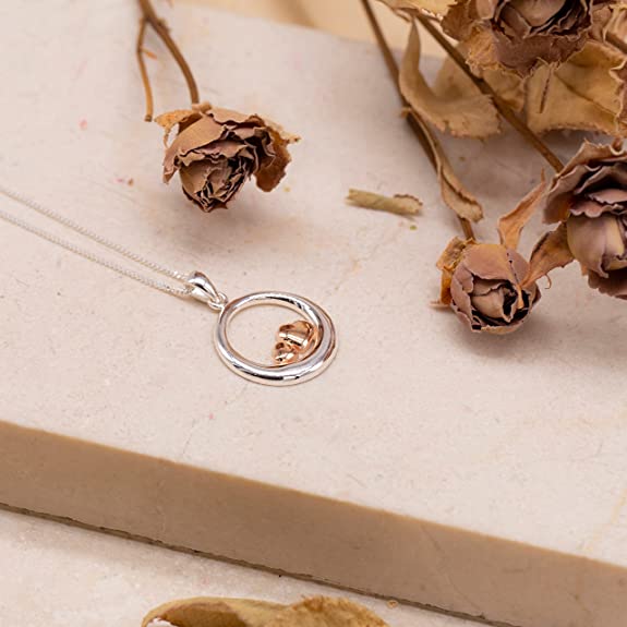 Sterling Silver and Rose Gold Circle and Heart Pendant Necklace - NiaYou Jewellery