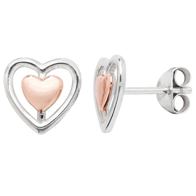Sterling Silver and Rose Gold Double Heart Earrings - NiaYou Jewellery