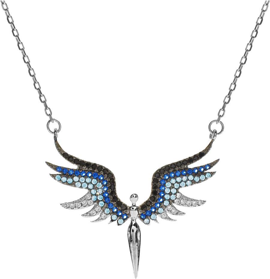 Sterling Silver Angel Art Nouveau Necklace with Blue CZ - NiaYou Jewellery