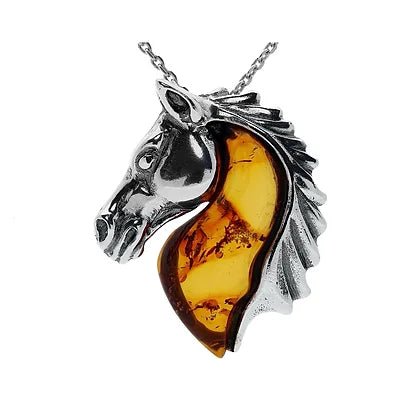 Sterling Silver Baltic Amber Horse Pendant on Chain - NiaYou Jewellery
