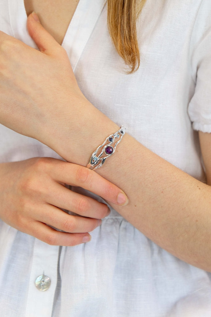 Sterling Silver Bangle Bracelet with Blue Topaz Amethyst and Iolite - NiaYou Jewellery