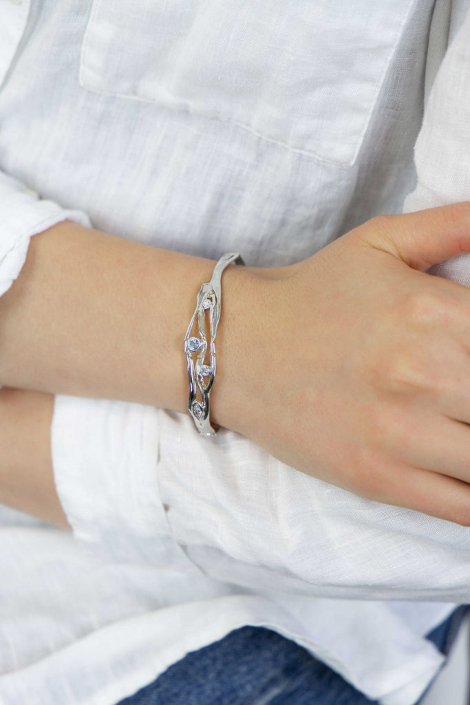 Sterling Silver Bangle with Extension Blue Topaz and Cubic Zirconia - NiaYou Jewellery