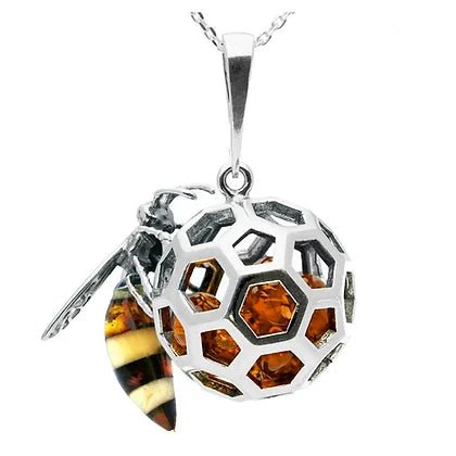 Sterling Silver Bee Beehive Amber Pendant Necklace - NiaYou Jewellery