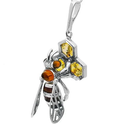 Sterling Silver Bee Honeycomb Amber Large Pendant - NiaYou Jewellery