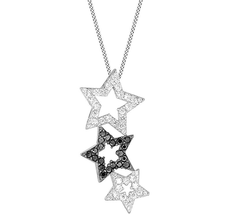 Sterling Silver Black and White Cubic Zirconia Triple Star Pendant - NiaYou Jewellery