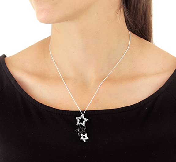 Sterling Silver Black and White Cubic Zirconia Triple Star Pendant - NiaYou Jewellery