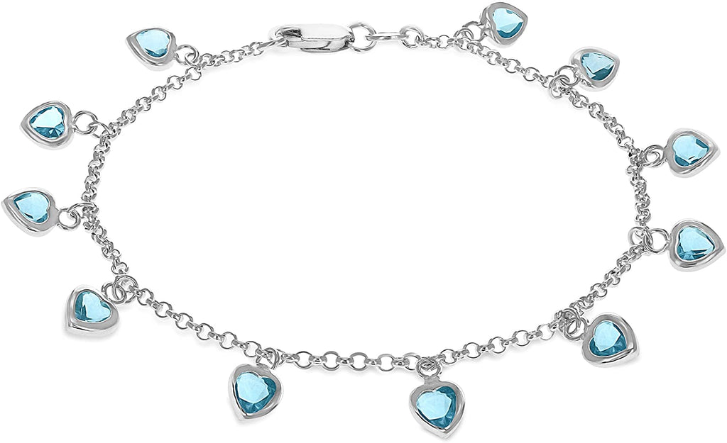 Sterling Silver Blue Crystal Hearts Charms Bracelet 19cm - NiaYou Jewellery