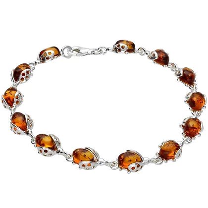 Sterling Silver Cherry Red Amber Ladybird Ladies Bracelet - NiaYou Jewellery
