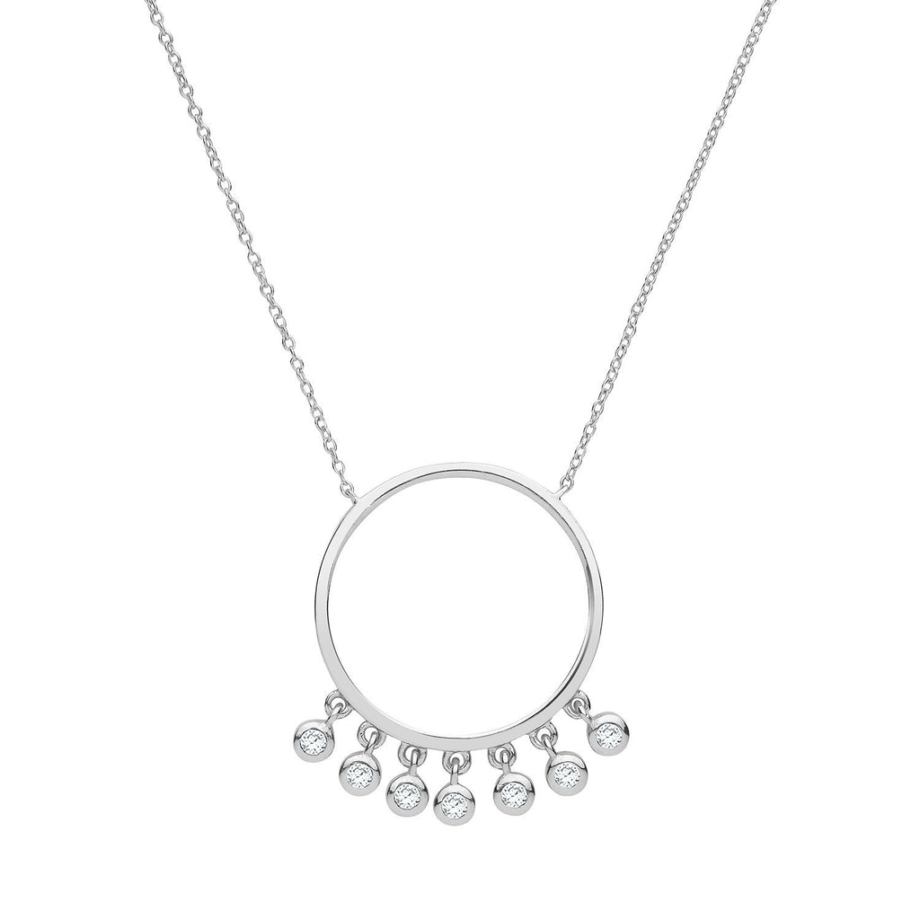 Sterling Silver Circle Pendant Necklace with Drop Cubic Zirconia - NiaYou Jewellery