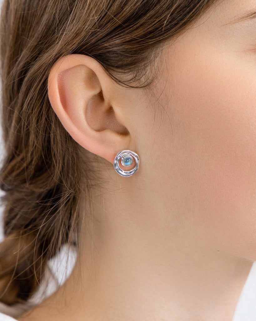 Sterling Silver Circle Stud Earrings with Rainbow Moonstone - NiaYou Jewellery