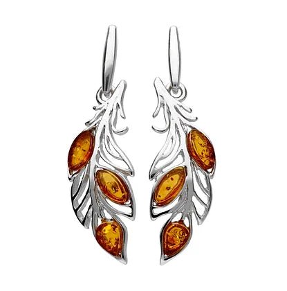 Sterling Silver Cognac Amber Feather / Leaf Drop Earrings - NiaYou Jewellery