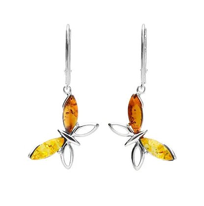 Sterling Silver Cognac and Lemon Amber Butterfly Drop Earrings - NiaYou Jewellery