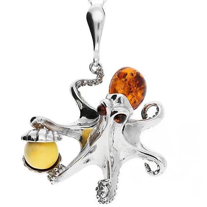 Sterling Silver Cognac Baltic Amber Octopus Large Pendant with Shell - NiaYou Jewellery