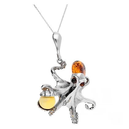 Sterling Silver Cognac Baltic Amber Octopus Large Pendant with Shell - NiaYou Jewellery