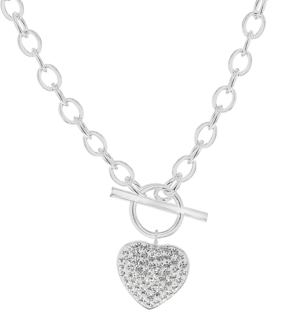 Sterling Silver Crystal Heart T- Bar Belcher Necklace 43 cm - NiaYou Jewellery