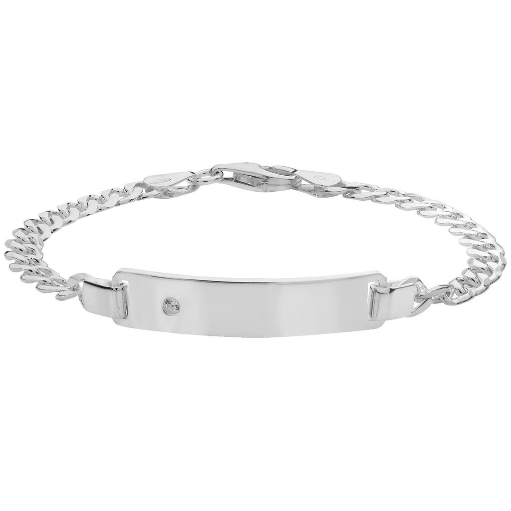 Sterling Silver Cubic Zirconia Curb Ladies Bracelet with ID Tag - NiaYou Jewellery