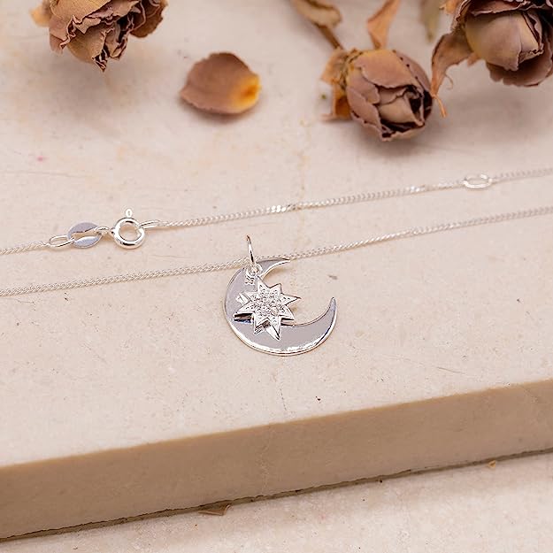 Sterling Silver Cubic Zirconia Star and Plain Moon Pendant - NiaYou Jewellery