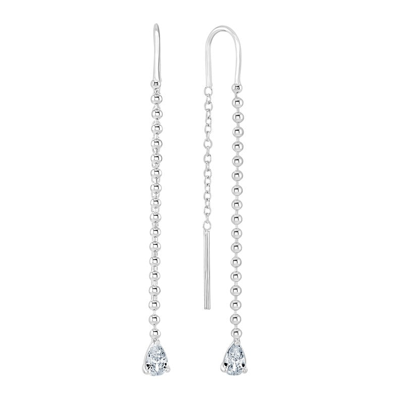 Sterling Silver CZ Beaded Chain Pull Through Ear Threads Earrings - NiaYou Jewellery