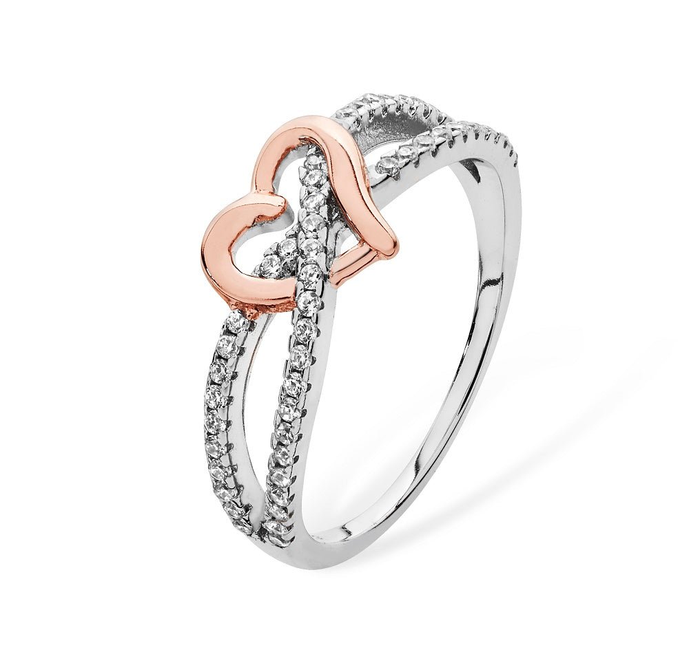 Sterling Silver CZ Crossover Ring with Rose Gold Heart - NiaYou Jewellery