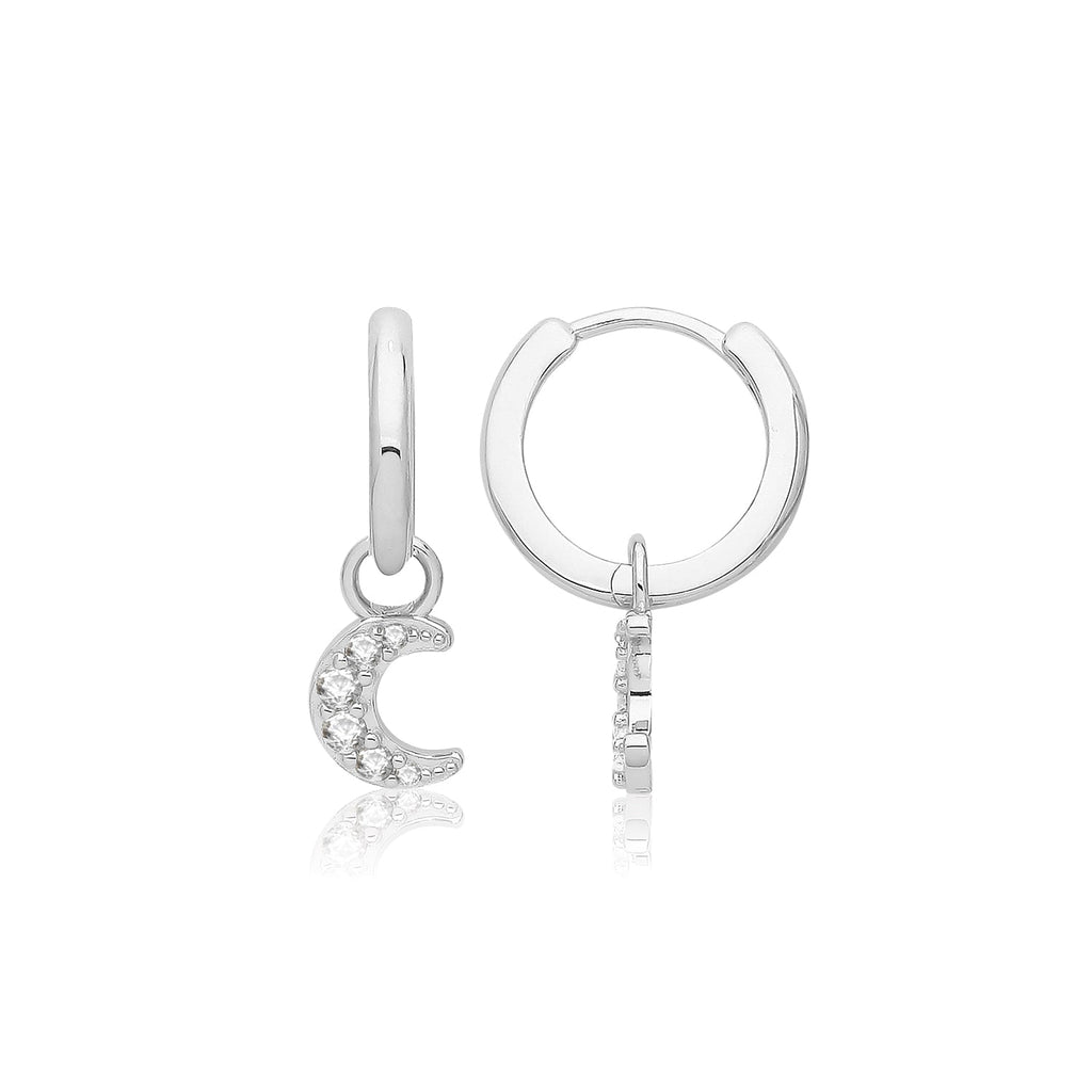 Sterling Silver CZ Half Moon Drop Huggie Hoop Earrings - NiaYou Jewellery