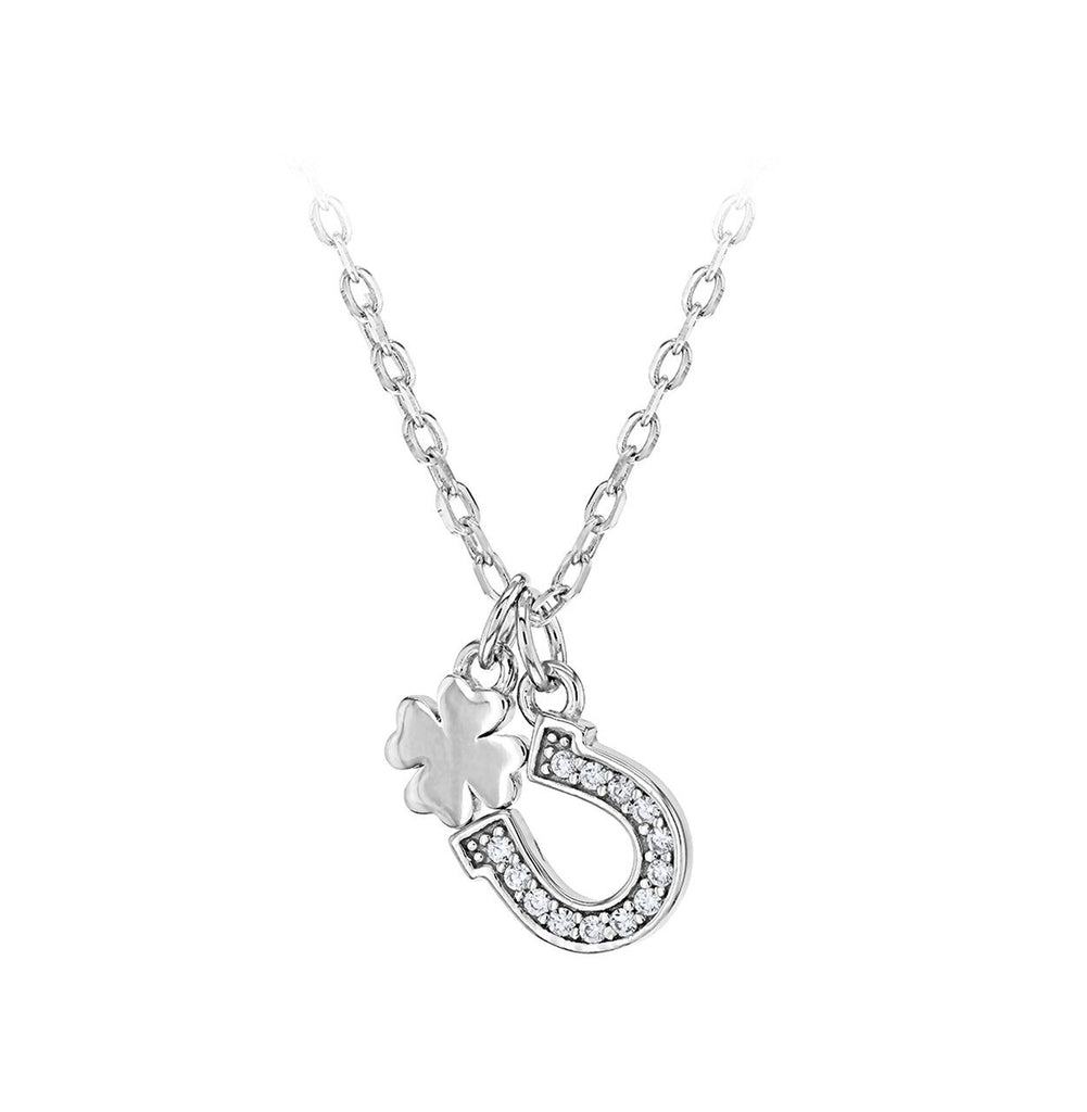 Sterling Silver CZ Horseshoe and Clover Pendant Necklace - NiaYou Jewellery