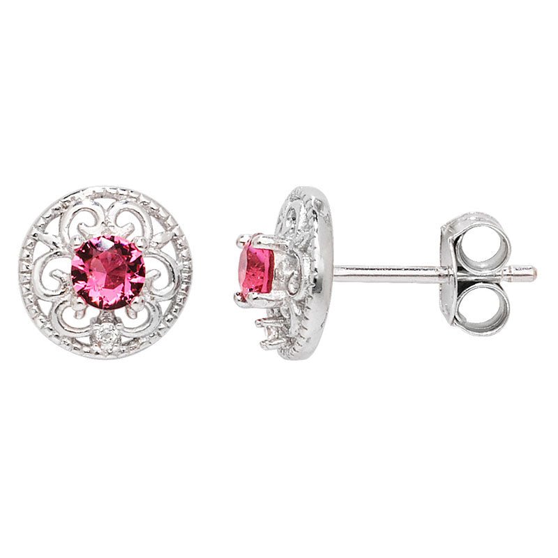 Sterling Silver CZ Red Ruby Filigree Round Stud Earrings - NiaYou Jewellery