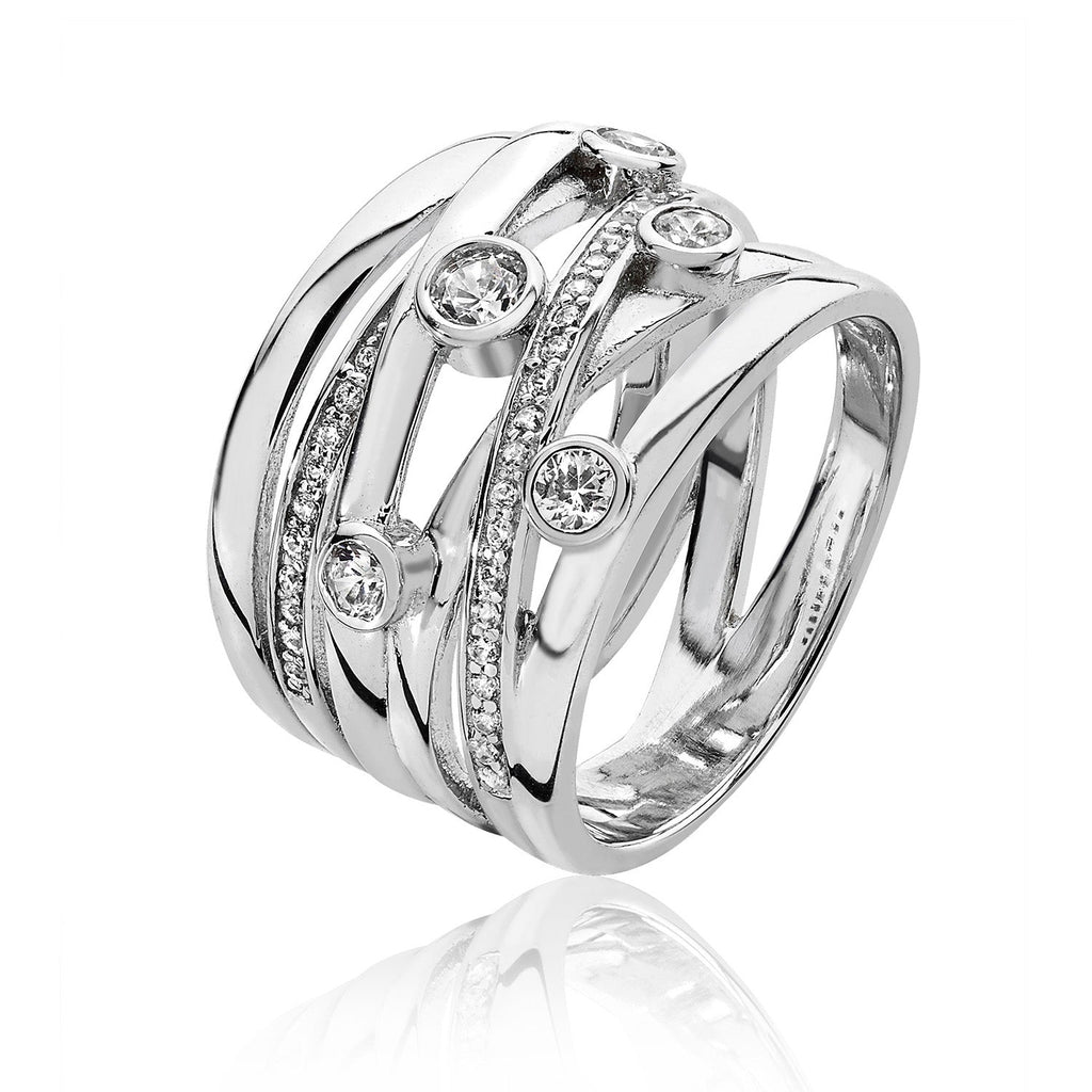 Sterling Silver CZ Rubover Set Crossover Band Ring - NiaYou Jewellery