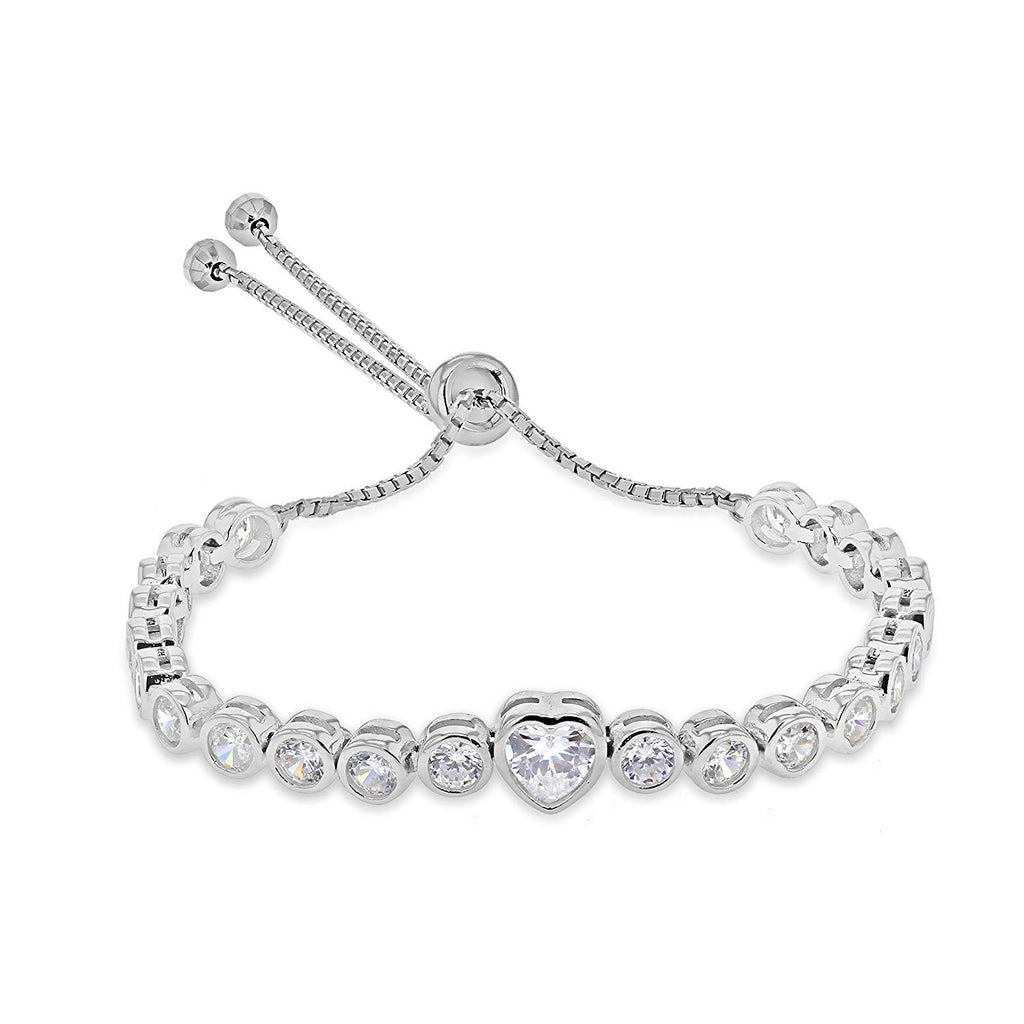 Sterling Silver CZ Tennis Adjustable Slider Bracelet with Heart - NiaYou Jewellery
