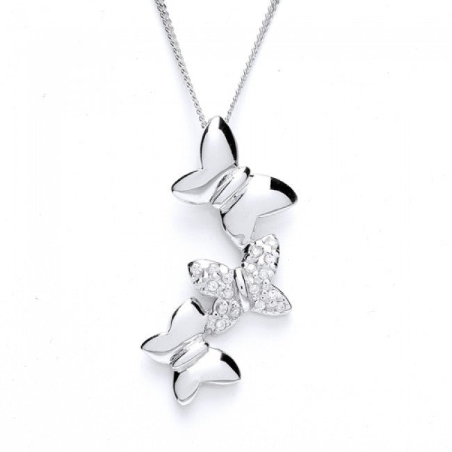 Sterling Silver CZ Three Butterfly Drop Pendant Necklace - NiaYou Jewellery