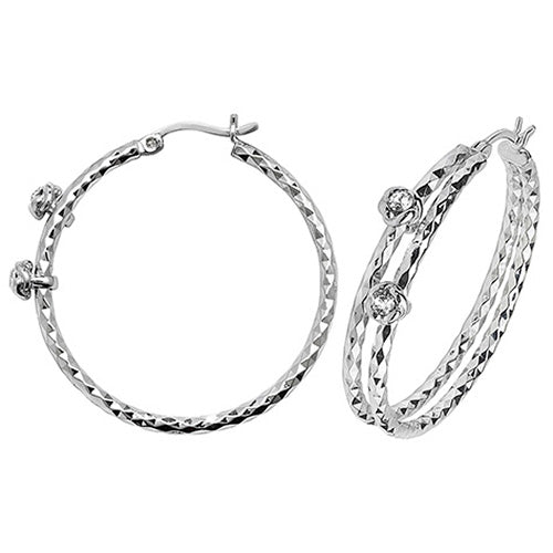 Sterling Silver Diamond Cut Double Hoop Earrings with Cubic Zirconia's - NiaYou Jewellery