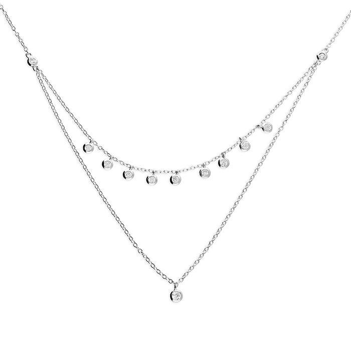 Sterling Silver Double Chain Necklace with Small Drop CZ - NiaYou Jewellery