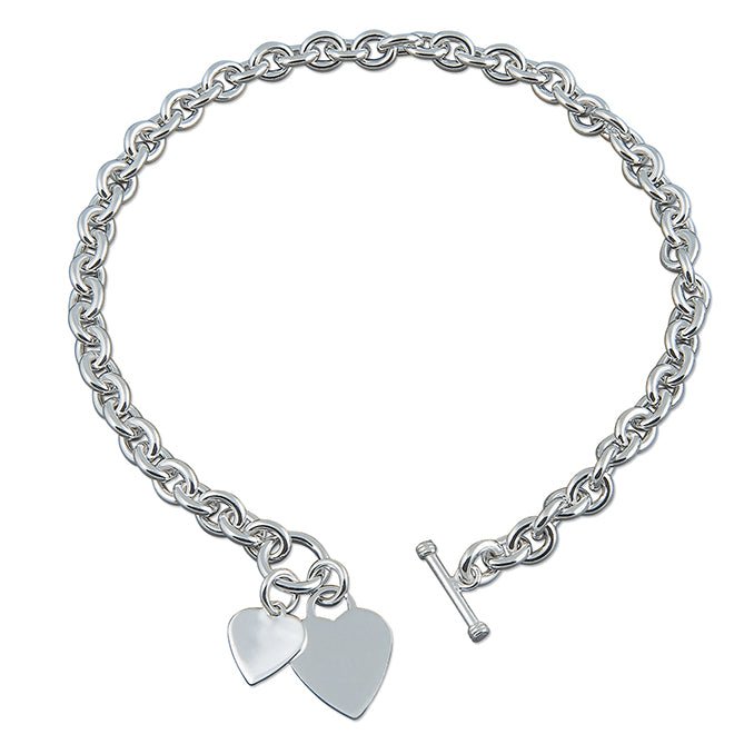 Sterling Silver Double Heart T Bar Heavy Necklace 41 cm - NiaYou Jewellery