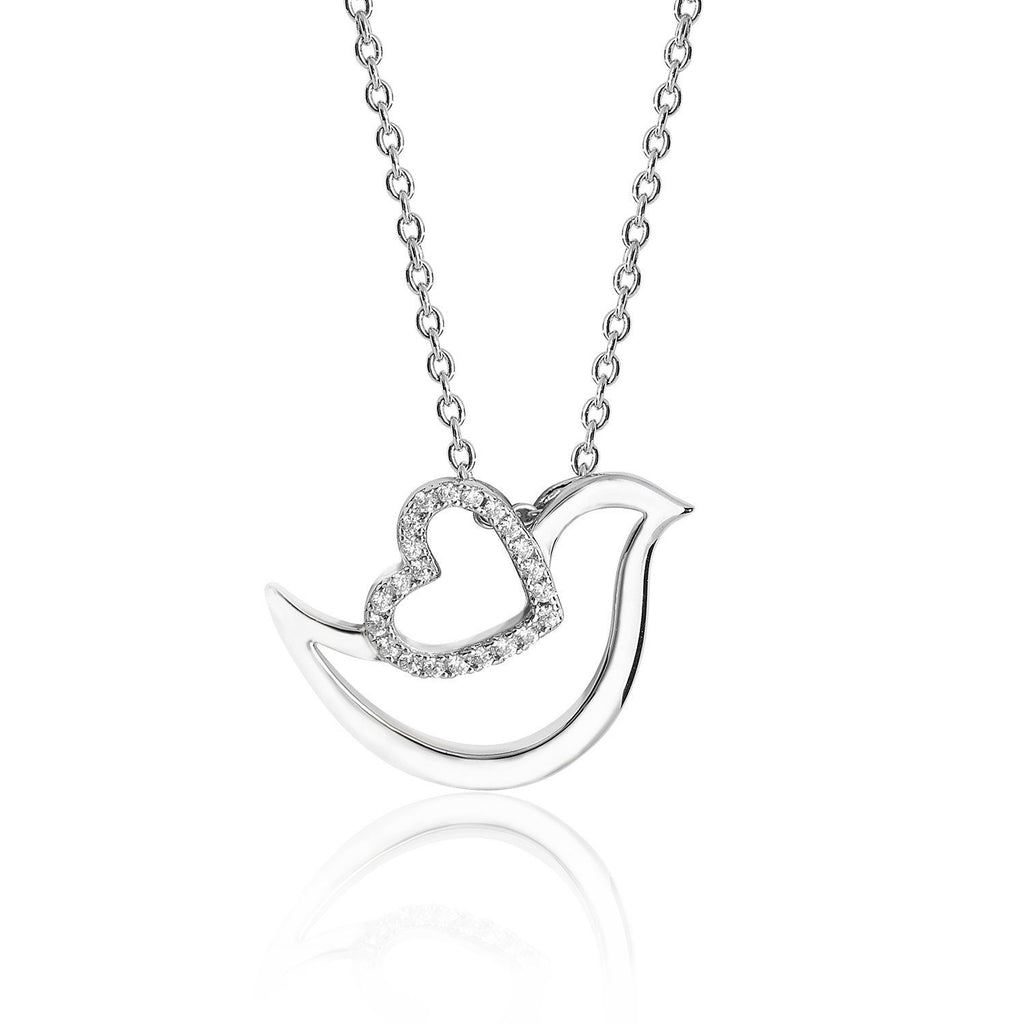 Sterling Silver Dove Pendant with Heart and Cubic Zirconia Necklace - NiaYou Jewellery