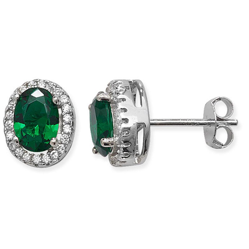 Sterling Silver Emerald Green CZ Oval Stud Earrings - NiaYou Jewellery